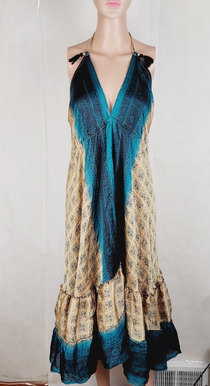 All About Audrey vintage green and gold silk tie back midi dress forest fairy